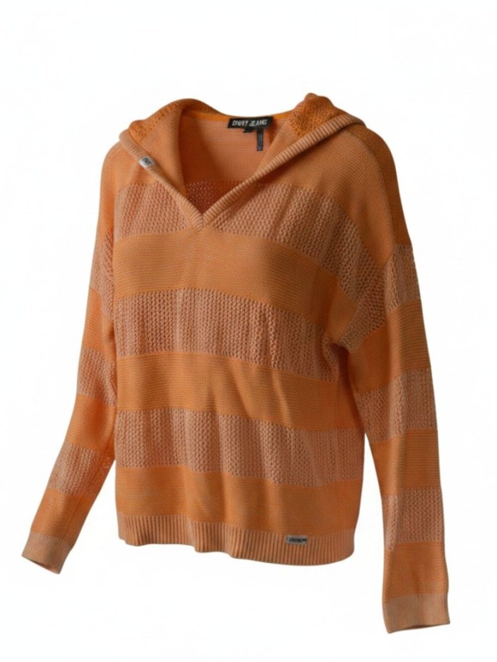 DKNY Jeans Hooded Knit Sweater Orange Beige Stripe Size L